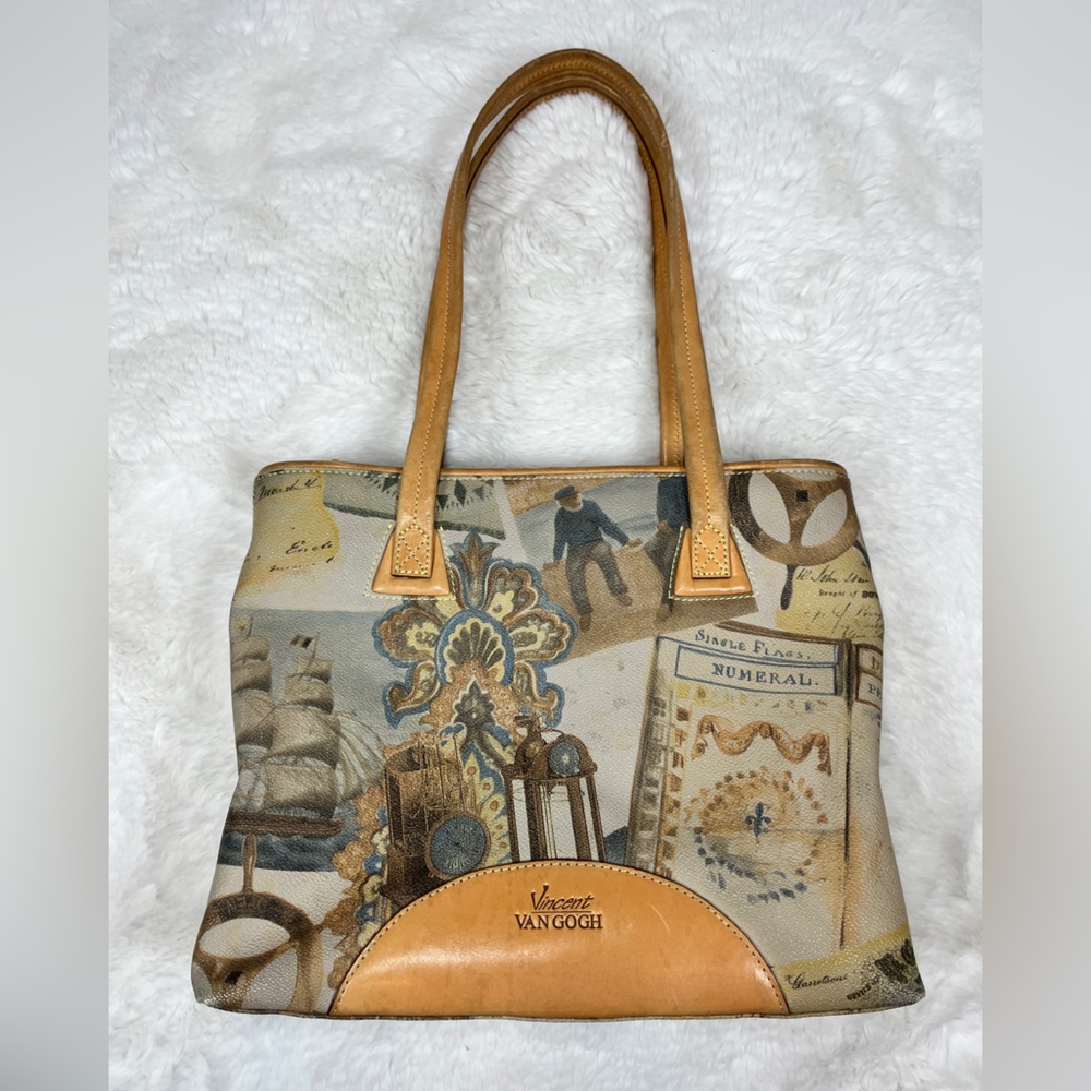 Vincent Van Gogh Purse Tote Nautical Travel Theme Leather Trim Shoulder Bag